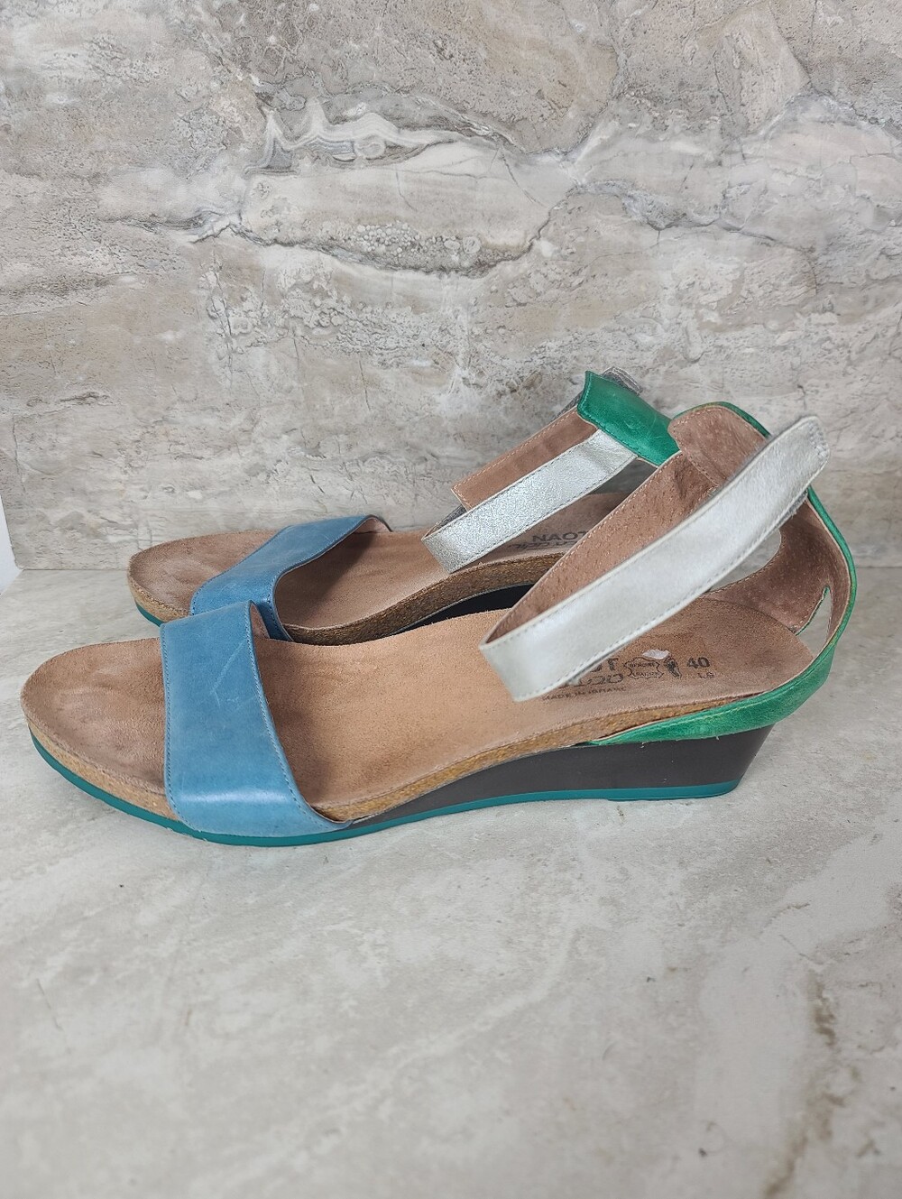 Naot PIXIE Blue Green Silver Pewter Colorblock Leather Wedge Sandals 9 - Picture 3 of 14